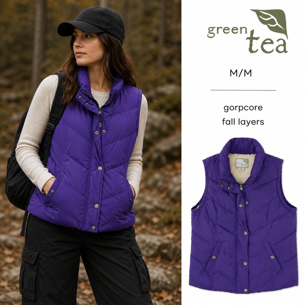 Green Tea Women's Sz M Sherpa Lined Purple Puffer Vest Pockets Gorpcore Cozy